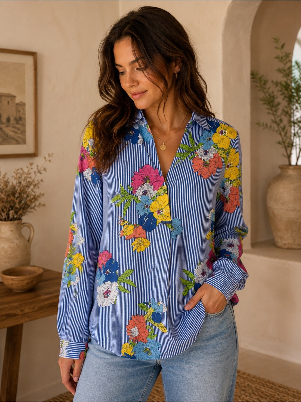 Vincente Floral Stripe Button Up Blouse Size M